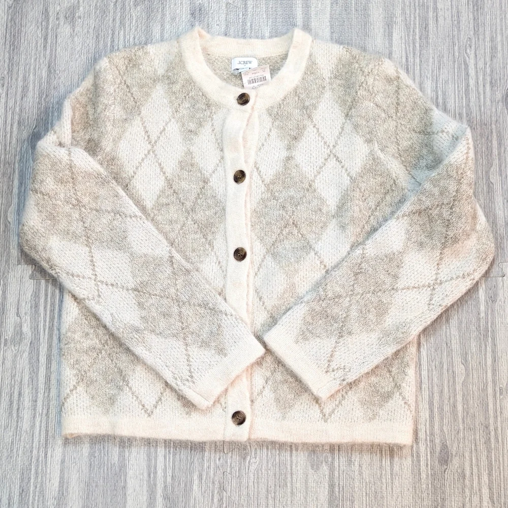 NWT‎ J.Crew Factory Argyle Cardigan Sweater Cream Tan Gold Thread Classic XS